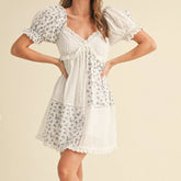 Floral Print Bow Tie Front Puff Sleeve Babydoll Mini Dress